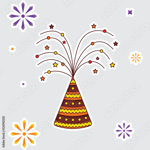 Bursting Firecracker Anar Over Colorful Fireworks Grey Background In Sticker Style.