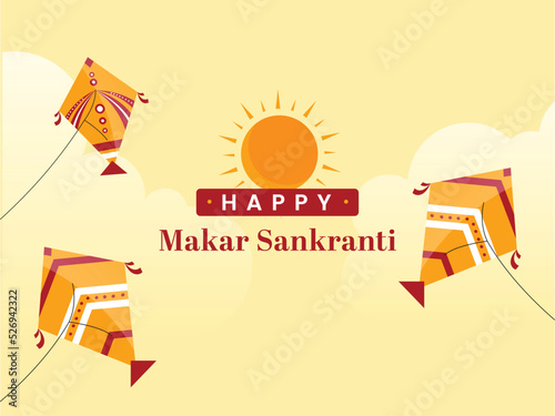 Happy Makar Sankranti Font With Sun And Flying Kites On Yellow Background.