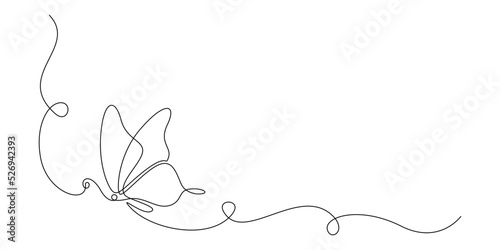 Butterfly in One continuous line drawing. Beautiful flying moth for wellbeing beauty or spa salon logo and divider concept in simple linear style. Editable stroke. Doodle vector illustration.