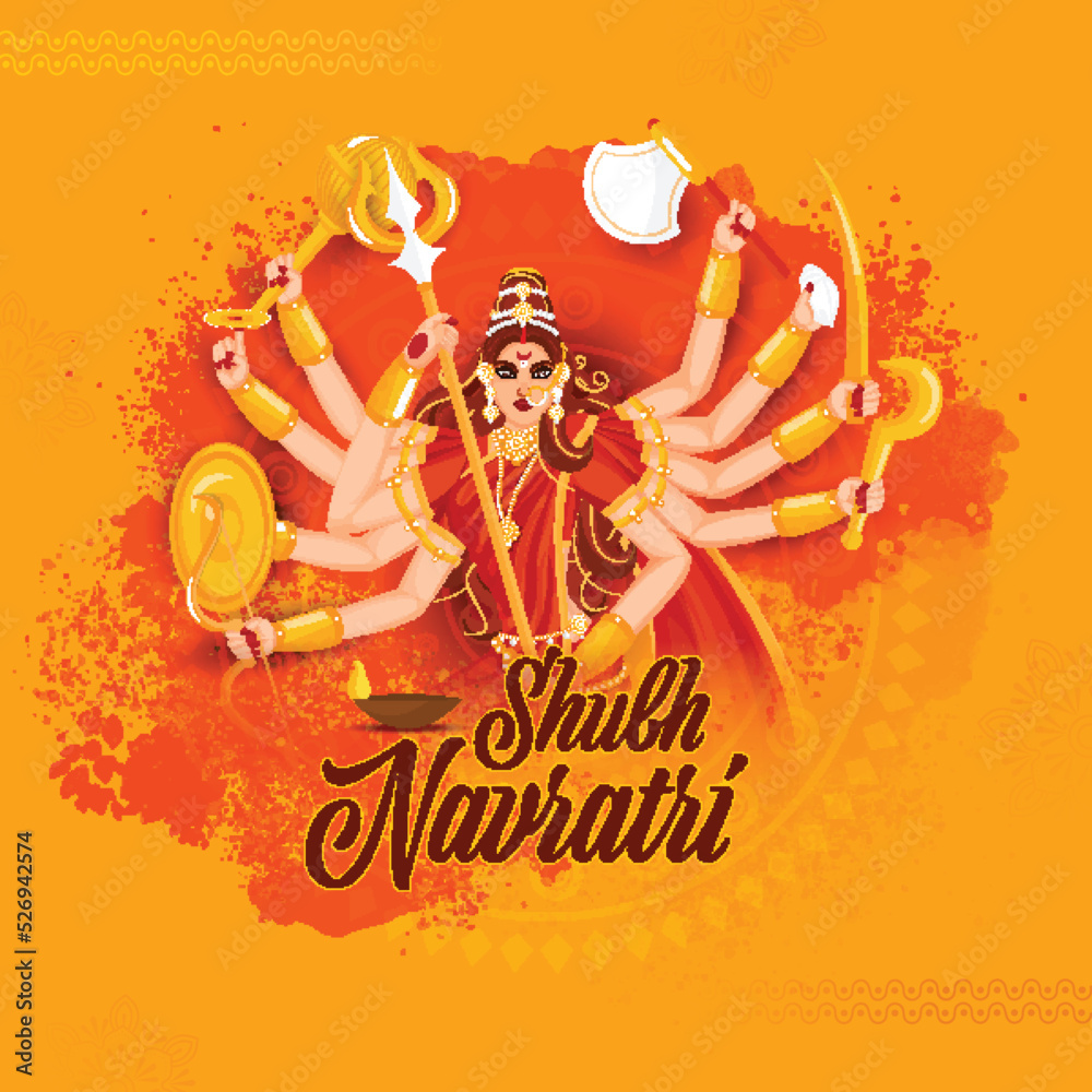 Shubh Navratri Lettering With Hindu Mythology Goddess Durga Maa On Orange Grunge Effect Background.