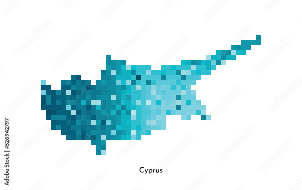 Fototapeta premium Vector isolated geometric illustration with simplified icy blue silhouette of Cyprus map. Pixel art style for NFT template. Dotted logo with gradient texture for design on white background