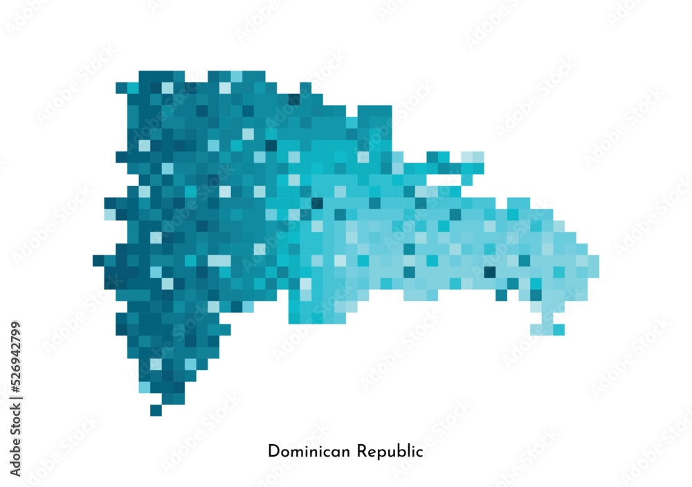 Vector isolated geometric illustration with simplified icy blue silhouette of Dominican Republic map. Pixel art style for NFT template. Dotted logo with gradient texture for design on white background Vector isolated geometric illustration with simplified icy blue silhouette of Dominican Republic map. Pixel art style for NFT template. Dotted logo with gradient texture for design on white background