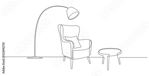 One continuous line drawing of armchair and lamp and potted plant. Modern rustic cozy furniture for living room interior in simple linear style. Editable thin stroke. Doodle Vector illustration.