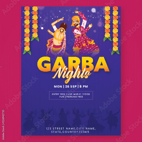 Garba Night Party Invitation Card With Indian Young Couple Dancing Together And Event Details.