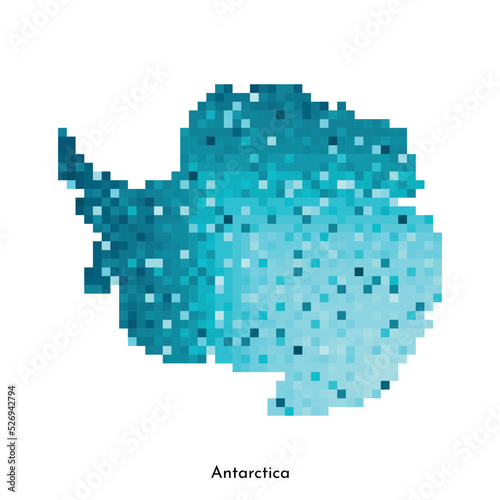 Vector isolated geometric illustration with simplified icy blue silhouette of Antarctica.map. Pixel art style for NFT template. Dotted logo with gradient texture on white background