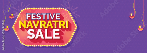 Navratri Festival Sale Banner Or Header Design With Lit Oil Lamps (Diya), Fireworks On Violet And Red Background.