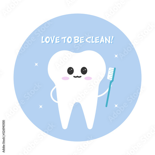 Cute tooth characters in flat style. Cleaning teeth. Clean tooth with toothbrush vector illustration. Dental hygiene cartoon