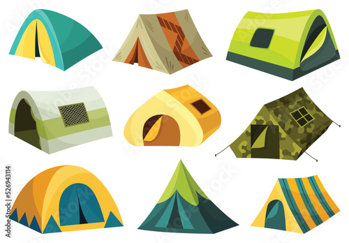 Camping tents cartoon icons set. Sport and travel touristic marquees, houses for outdoor recreation and hiking adventure. Colorful campsite tented shelters and dome tents. Vector tourist equipment
