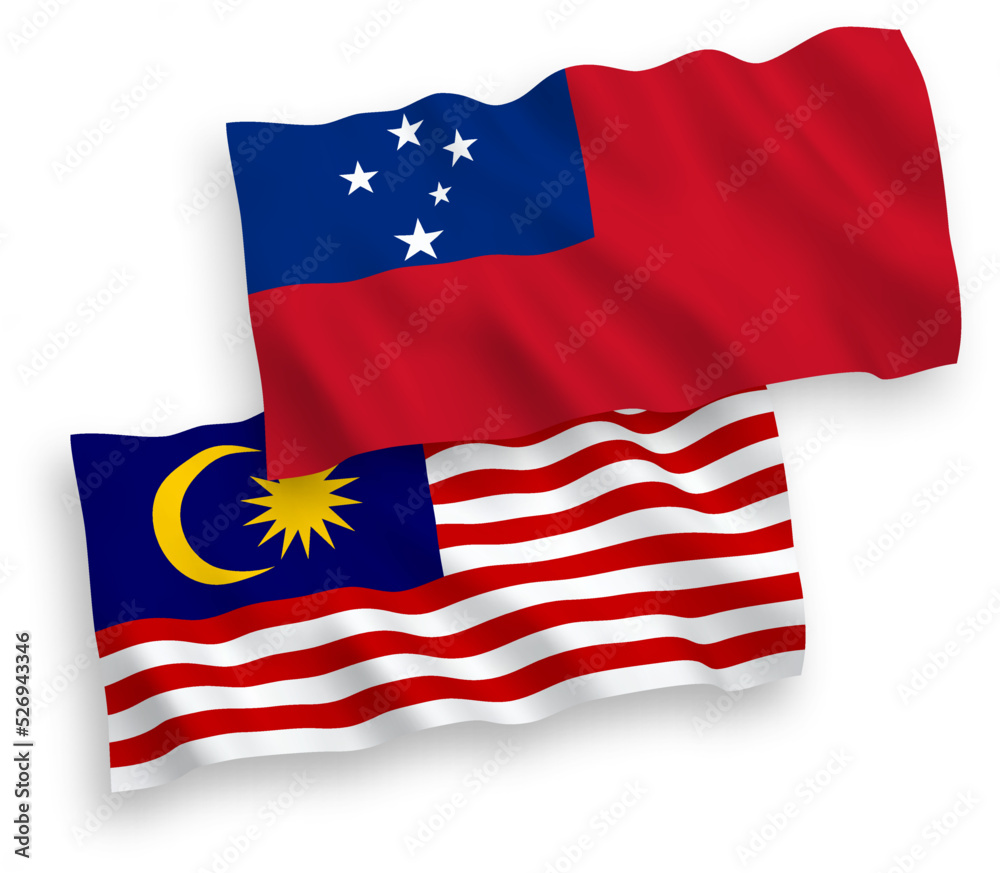 National vector fabric wave flags of Independent State of Samoa and Malaysia isolated on white background. 1 to 2 proportion.