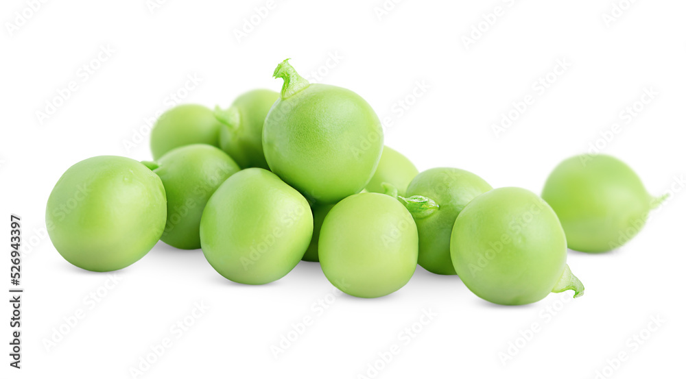 heap peeled fresh green peas on white isolated background