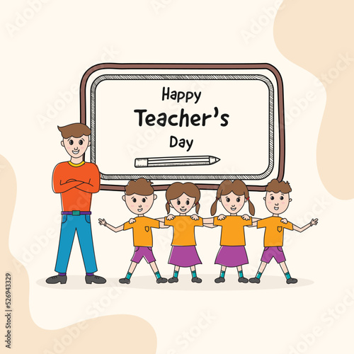 Happy Teacher's Day Concept, Male Teacher Standing With His Student Kids On White And Beige Background.