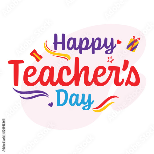 Happy Teacher's Day Lettering With Gift Box, Hearts, Sharpener On Pink And White Background.