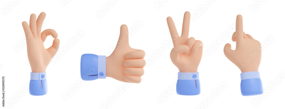 3D render set of hand sign icons isolated on white background. Illustration of human fingers showing ok, thumb-up, victory and pointing gestures. Collection of ui design elements for business 3D render set of hand sign icons isolated on white background. Illustration of human fingers showing ok, thumb-up, victory and pointing gestures. Collection of ui design elements for business