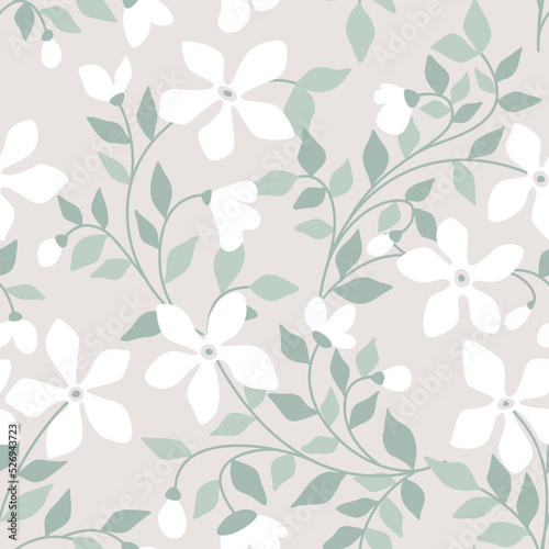 Seamless floral pattern with light watercolor composition. Delicate botanical background design with small white flowers, leaves on thin branches. Vector illustration.