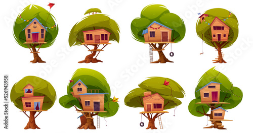 Wooden tree houses with ladder and swing for children. Treehouses for summer park, garden, backyard or kids playground isolated on white background, vector cartoon set