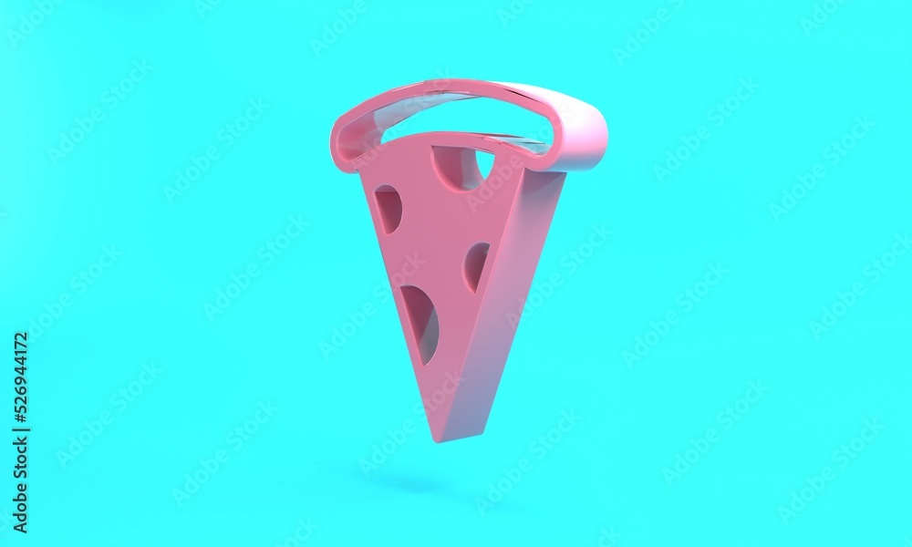 Pink Slice of pizza icon isolated on turquoise blue background. Fast food menu. Minimalism concept. 3D render illustration