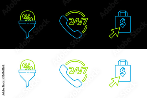Set line Shoping bag and dollar, Lead management and Telephone 24 hours support icon. Vector