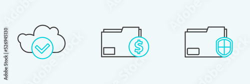 Set line Document folder protection, Cloud with check mark and Finance document icon. Vector