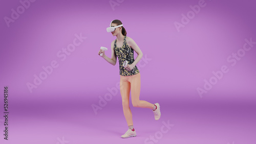 Metaverse sport girl running and training while wearing virtual reality headset. Athletic digital avatars runs in the meta verse on a studio background. 3D rendering © Bobby