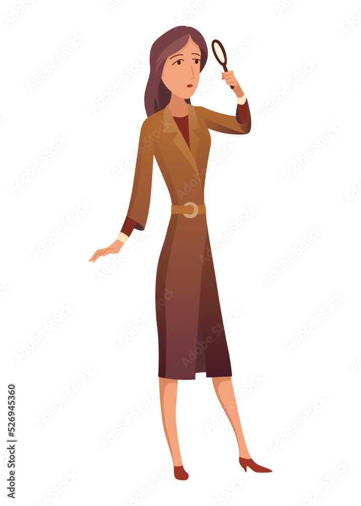 Female private detective or inspector investigate crime and look for evidence. Detective character with magnifying glass cartoon flat style. Investigator solving crime Female private detective or inspector investigate crime and look for evidence. Detective character with magnifying glass cartoon flat style. Investigator solving crime