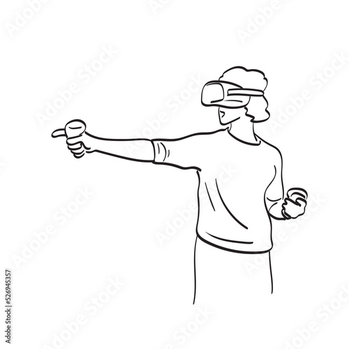 line art woman using vr glasses illustration vector hand drawn isolated on white background
