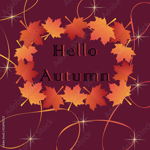 Hello Autumn banner template. Seasonal lettering with gradient yellow and red leaves. Design background for  poster, flyer, cover. Vector illustration.