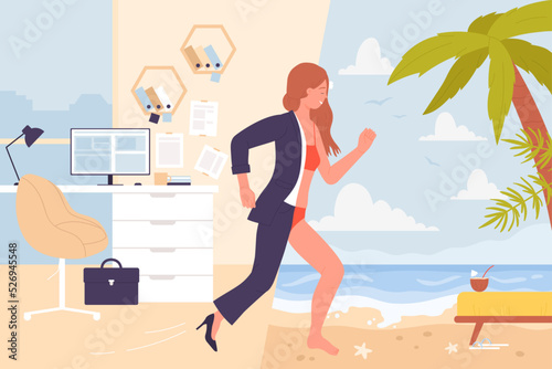 From office to beach for weekend or summer vacation vector illustration. Cartoon professional businesswoman walking from workplace with computer on exotic sea coast with palm trees background
