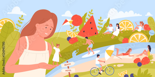 Summer memory vector illustration. Cartoon young woman holding tiny girl in palm of hand to remember summer vacation with family and friends, sunbathing and surfing, cycling on village road summertime