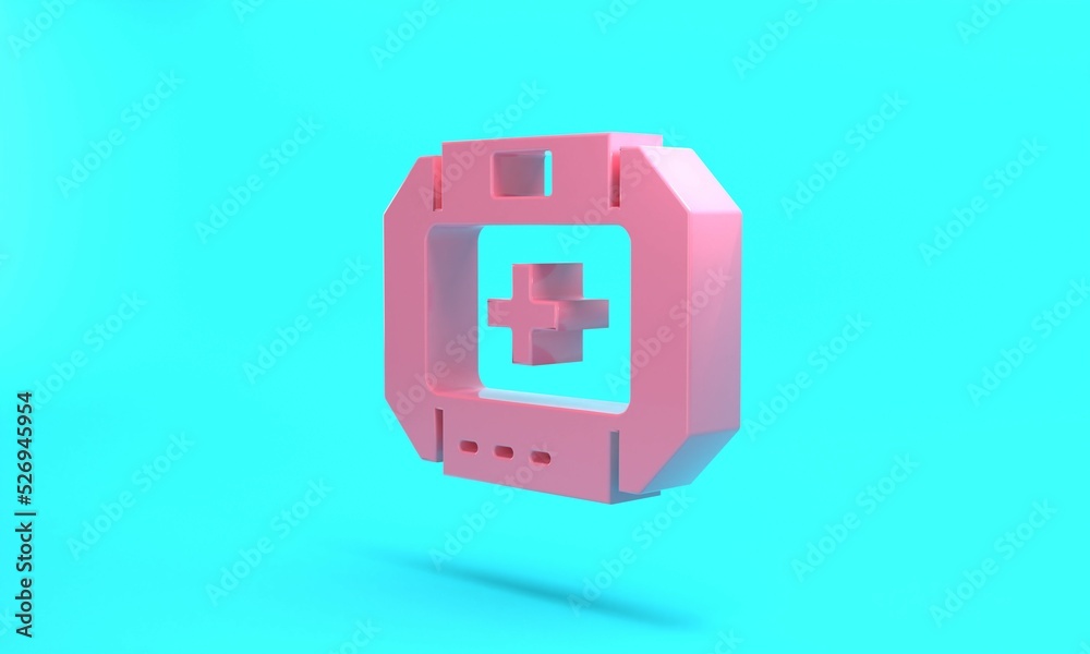 Pink First aid kit icon isolated on turquoise blue background. Medical box with cross. Medical equipment for emergency. Healthcare concept. Minimalism concept. 3D render illustration Pink First aid kit icon isolated on turquoise blue background. Medical box with cross. Medical equipment for emergency. Healthcare concept. Minimalism concept. 3D render illustration