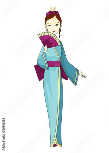 Japanese girl standing in kimono. Women in traditional style costume. Full length portrait of typical Japanese geish