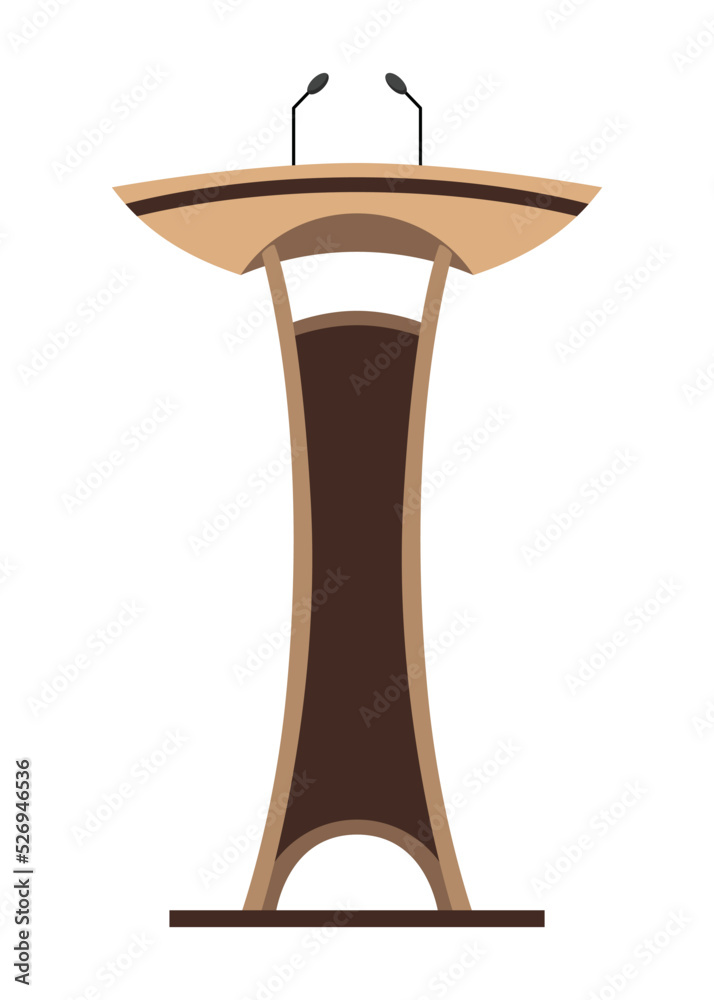 Tribune. Stand or debate podium with microphone for speech. Rostrum for business presentation or conference speech tribune. Empty platform for speakers