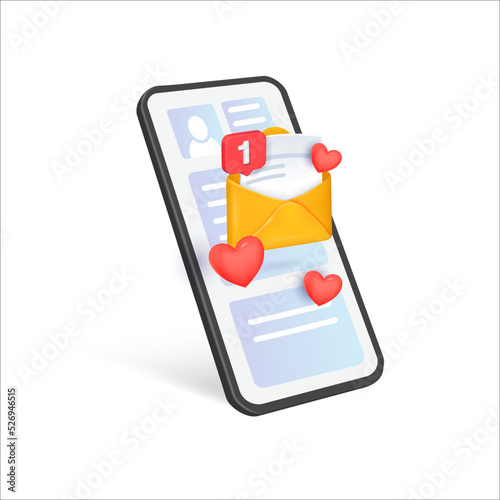 Phone with Notifications. Reminder design mockup. Email marketing, yellow 3d envelope with a heart. 3D Web