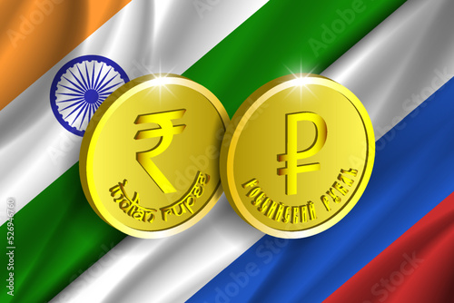 Vector political and economic poster. 3d coins. Indian rupee. The inscriptions mean Russian ruble. Symbols of currency of India and Russia. Wavy flags of countries