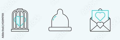 Set line Envelope with Valentine heart, Heart the bird cage and Condom icon. Vector