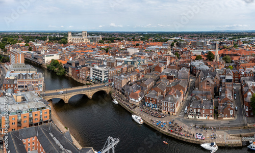 Aerial view of York cityscape skyline with bridge over the river Ouse