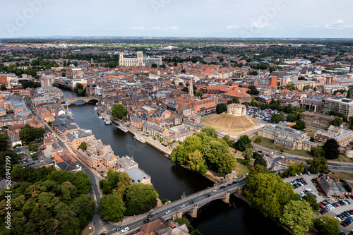 Aerial landscape panorama of the River Ouse and a York cityscape skyline
