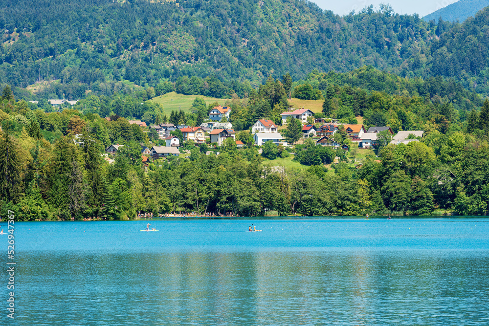 Lake Bled and Bled village, tourist resort on the coast of the lake. Gorenjska (Upper Carniola), Triglav National Park, Alps, Slovenia, central Europe.
