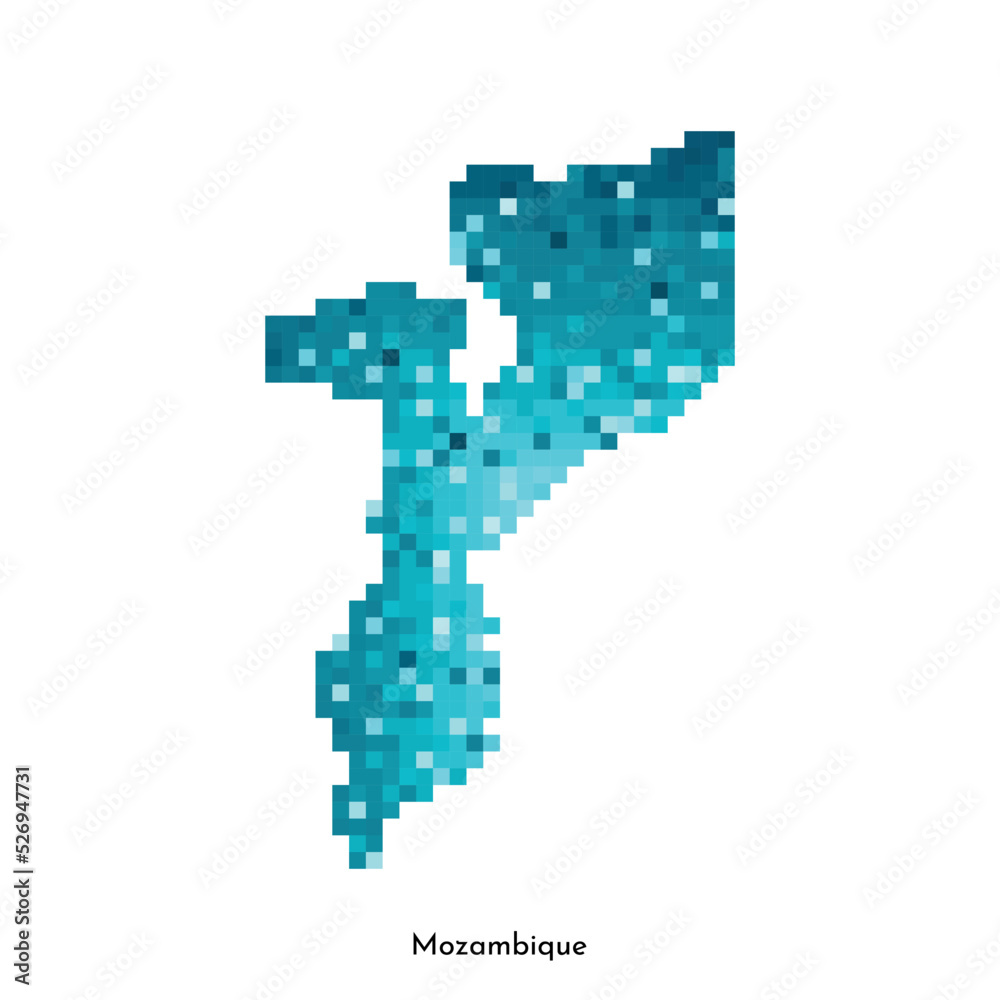 Vector isolated geometric illustration with simple icy blue shape of Mozambique map. Pixel art style for NFT template. Dotted logo with gradient texture for design on white background