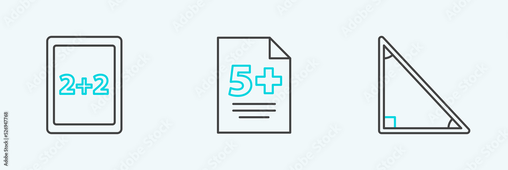 Set line Triangle math, Tablet with calculator and Test exam sheet icon. Vector Set line Triangle math, Tablet with calculator and Test exam sheet icon. Vector