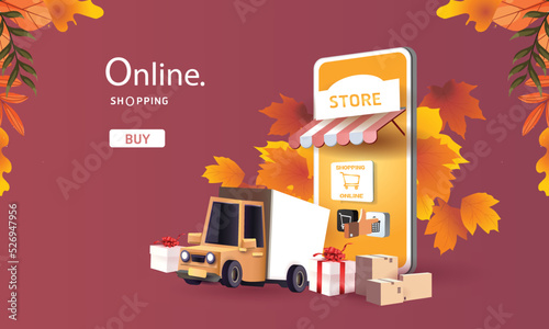 shopping online autumn background orange on phone holiday vector illustation podium stage product marketing 