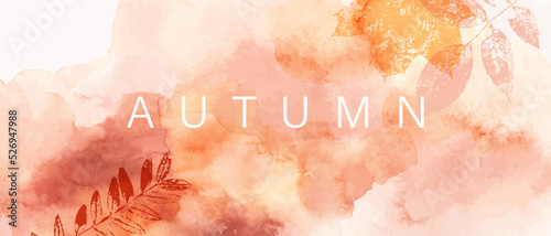 Abstract autumn watercolor art. Bright warm colors, fall leaves, trees, sky,clouds. Frame, background for text.