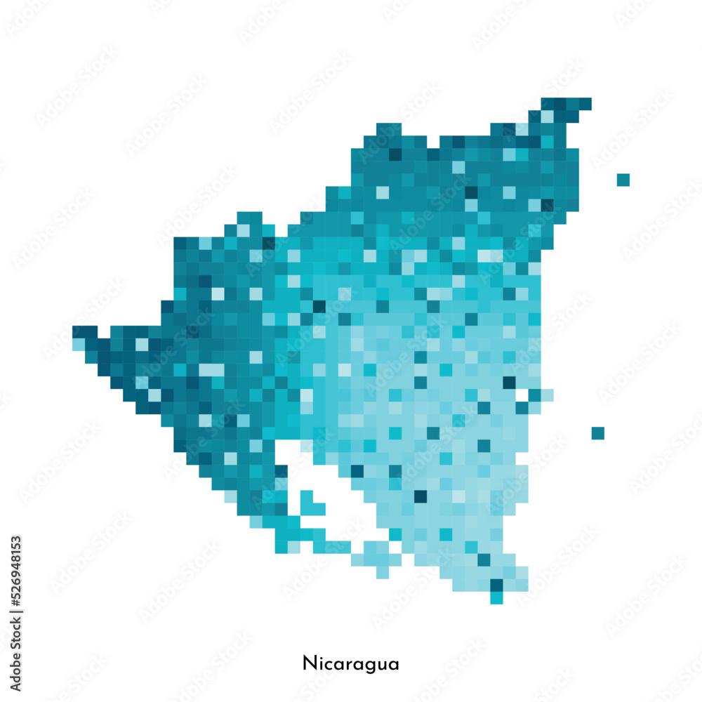 Vector isolated geometric illustration with simple icy blue shape of Nicaragua map. Pixel art style for NFT template. Dotted logo with gradient texture for design on white background