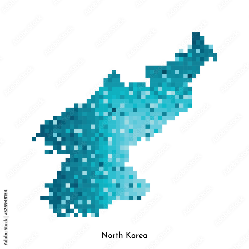 Fototapeta premium Vector isolated geometric illustration with simple icy blue shape of North Korea map. Pixel art style for NFT template. Dotted logo with gradient texture for design on white background