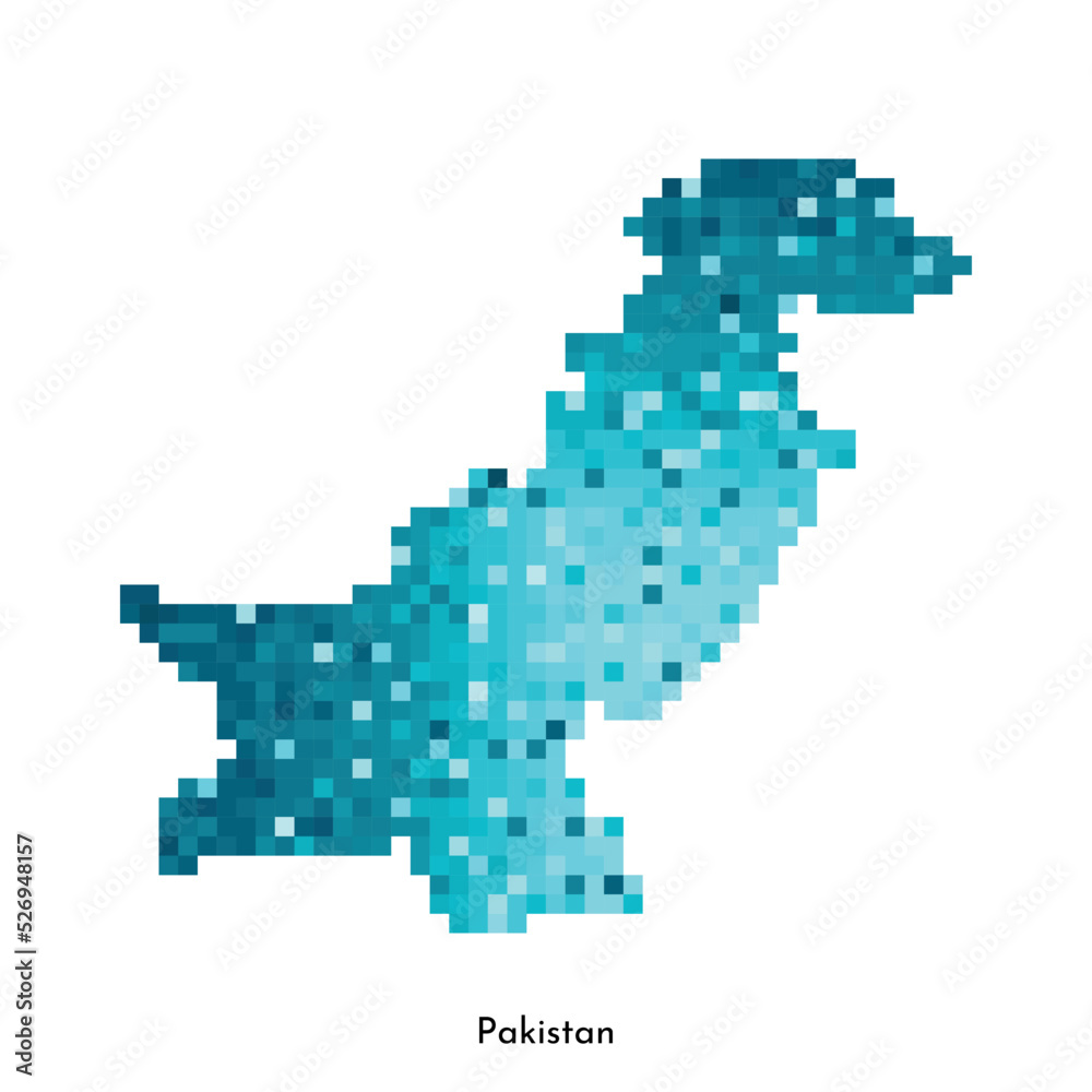 Vector isolated geometric illustration with simple icy blue shape of Pakistan map. Pixel art style for NFT template. Dotted logo with gradient texture for design on white background