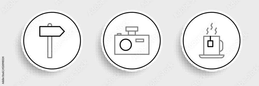Set line Cup of tea with tea bag, Road traffic signpost and Photo camera icon. Vector Set line Cup of tea with tea bag, Road traffic signpost and Photo camera icon. Vector