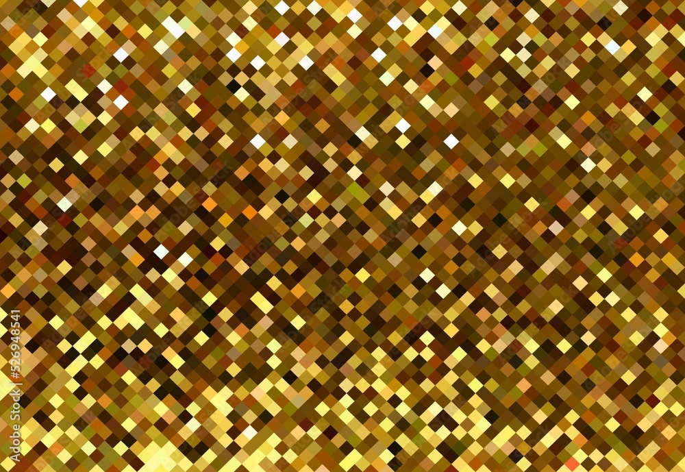 Christmas festive golden sparkles pixel mosaic texture. Glittering crystallic empty background. Gala party decorative backdrop.