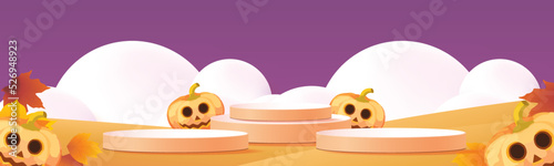 podium stage autumn halloween season paper art colorful for show banner sale vector illustation pumpkin 