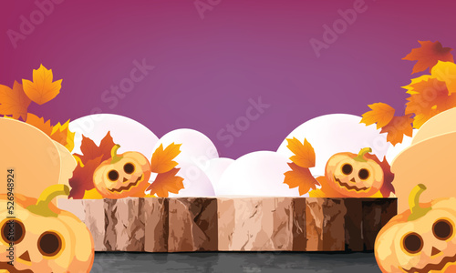 podium stage autumn halloween season paper art colorful for show banner sale vector illustation pumpkin 