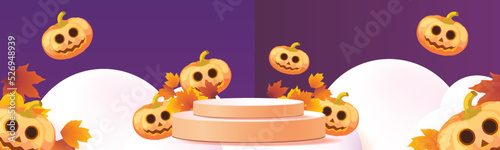 podium stage autumn halloween season paper art colorful for show banner sale vector illustation pumpkin 