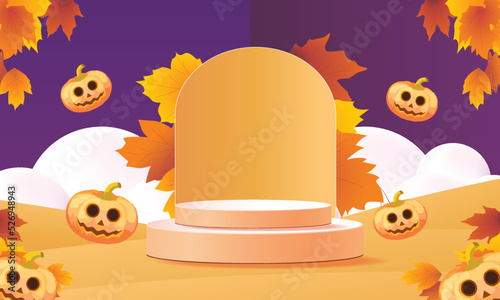 podium stage autumn halloween season paper art colorful for show banner sale vector illustation pumpkin 